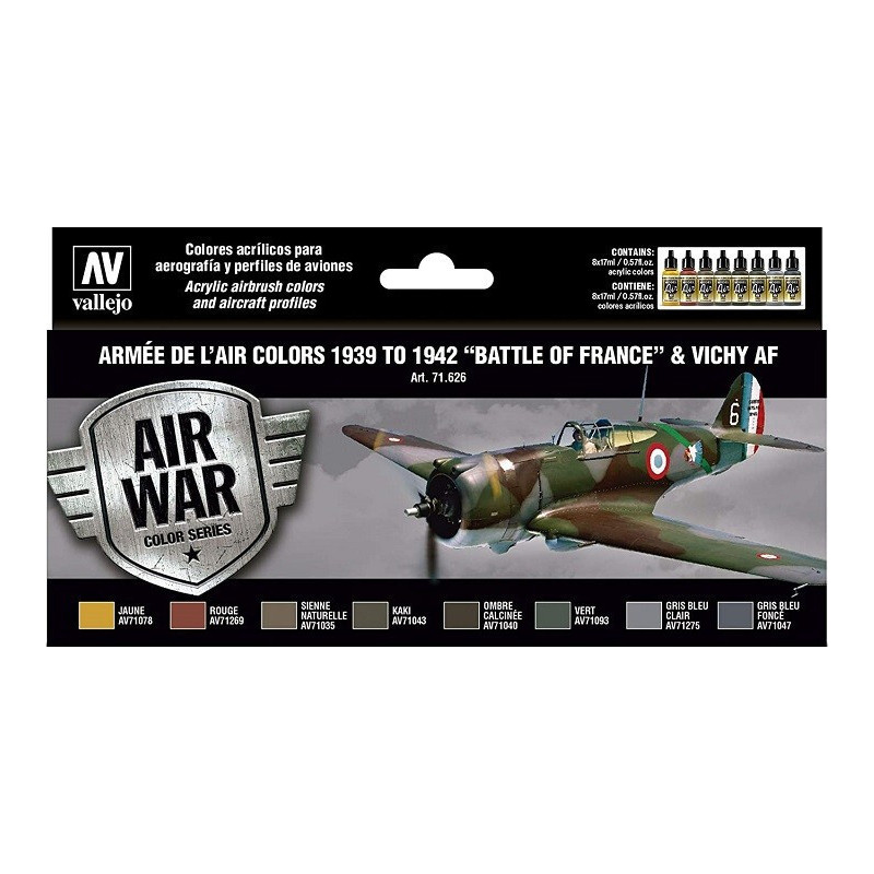 MODEL AIR SET : ARMEE DE L AIR COLORS 1938 - 1942 BATTLE OF FRANCE AND VICHY AF (8 BOTES 17 ml) VALLEJO 71626